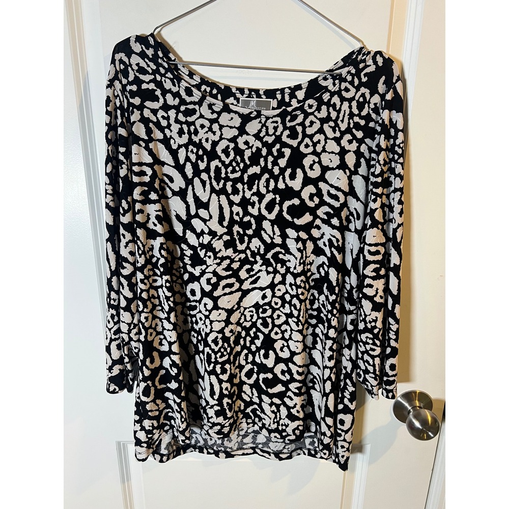 JM Collection Womens Blouse Animal Leopard Print Black White 1X